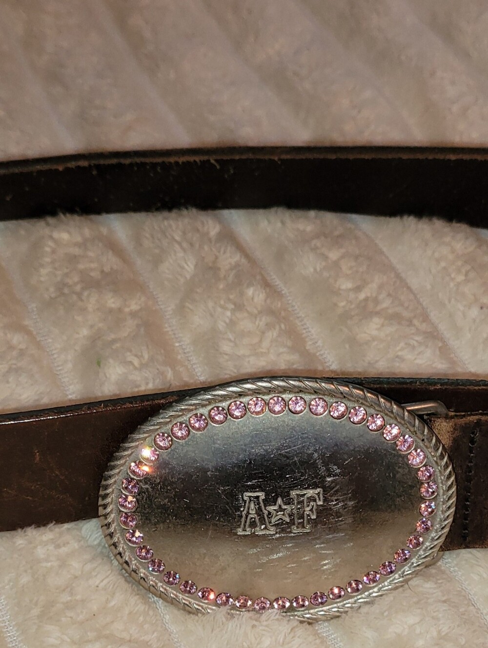 Abercrombie & Fitch Brown Leather Belt with Pink Crystal-Trim Buckle